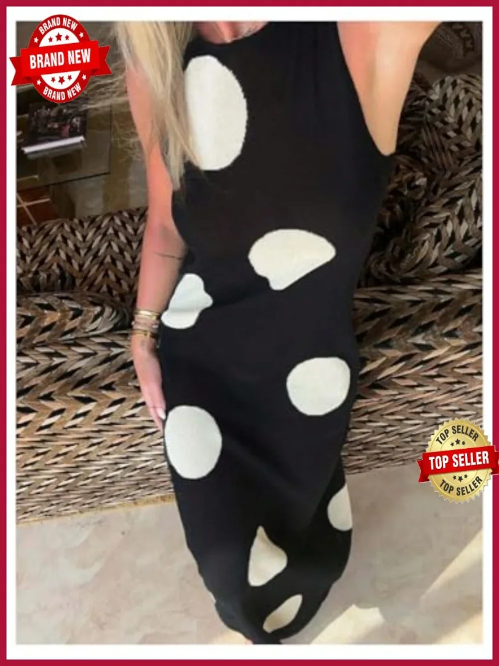 Sleeveless Polka Dot Sweater Dress with Crew Neck, Maxi Length